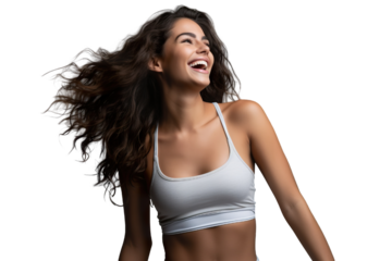 Portrait photography of beautiful female fitness model, positive surprise smile, cheering, looking upward on a white isolated background, long gym fashion