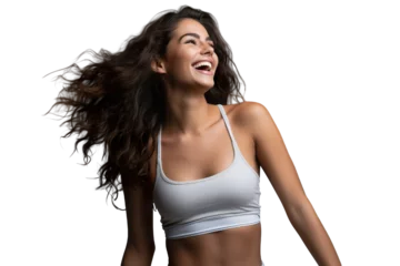 Fotobehang Portrait photography of beautiful female fitness model, positive surprise smile, cheering, looking upward on a white isolated background, long gym fashion © JetHuynh