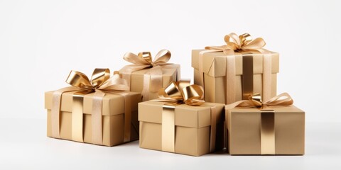 Five beautiful gold gift boxes with ribbons, ready to be given away