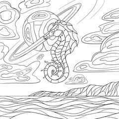 Seahorse in the sky line art design.