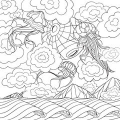Jellyfish in the sky line art design.