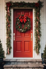 Fototapeta na wymiar A Red Door Decorated for Christmas with a Wreath and Garland