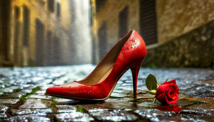 Close-up of a red high-heeled shoe abandoned on a city street, on a Roman porphyry pavement, wet from the rain. Symbol against gender violence and abuse of women. Generative Ai