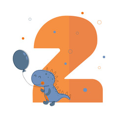 Illustration for kid celebration design. Poster with dino number two years for celebration design on white background.
