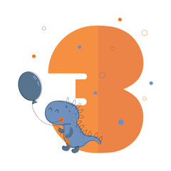 Illustration for kid celebration design. Poster with dino number three years for celebration design on white background.