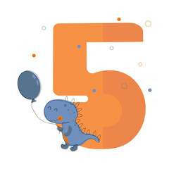 Illustration for kid celebration design. Poster with dino number five years for celebration design on white background.