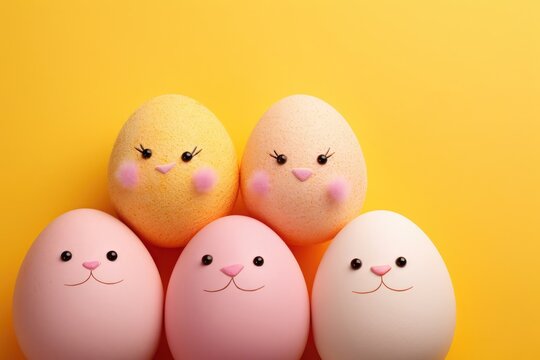 Easter composition of eggs with smiling funny bunny faces on peach fuzz color background top view with copy space