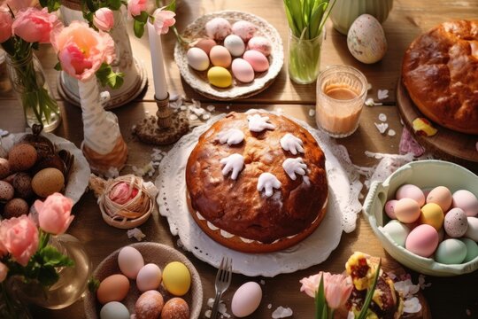 Beautiful table setting with spring flowers for Easter celebration. With cake, eggs and fruits and berries. Top view.