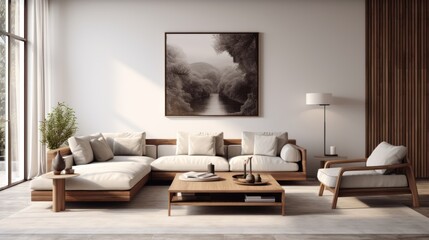Light and airy, a modern living room design featuring a white sofa, trendy furniture, and contemporary wall art.