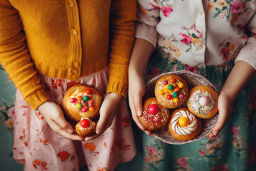 Hands of woman and child with Easter buns and Easter eggs