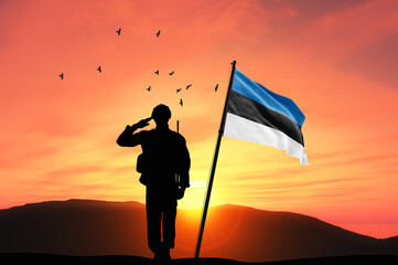 Silhouette of a soldier with the Estonia flag stands against the background of a sunset or sunrise....