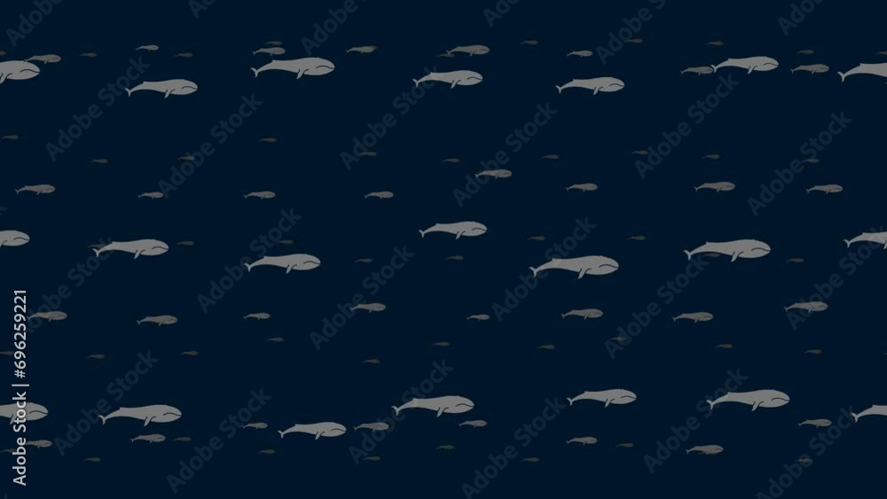 Poster whale symbols float horizontally from left to right. parallax fly effect. floating symbols are locat