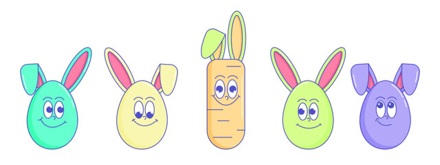 Obraz premium Happy Easter, spring holiday. Retro groovy cartoon character Egg, Carrot with bunny ears. Vintage funky mascot patch psychedelic smile and emotion. Comic trendy stickers. Vector illustration 90s style