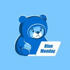Sad Teddy bear is sitting in front of a laptop. Blue Monday. Cartoon, flat, vector illustration