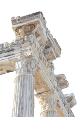 Close up fragment of the entablature of the ruined temple of Apollo in Side (Turkey) with a...