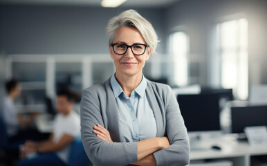 Confident professional woman with silver hair and glasses smiling.