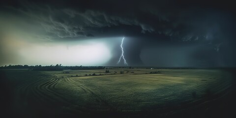 Black tornado funnel and lightning over field during thunderstorm, generative ai - obrazy, fototapety, plakaty