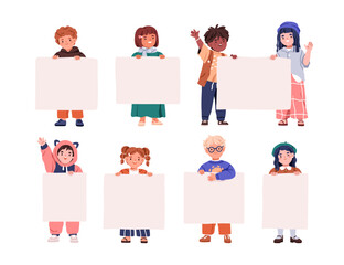 Cute kids holding blank paper banners, advertising placards. Happy children, boys and girls showing empty posters, sign boards in hands. Flat graphic vector illustrations isolated on white background