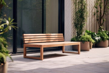 Fototapeta na wymiar Contemporary wooden bench with backrest in an urban garden terrace setting.