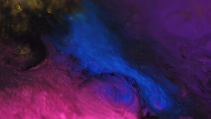 Fototapeta na wymiar Paint drip. Glitter mist texture. Defocused neon blue purple pink black color sparkling ink water wave motion dark art abstract background.