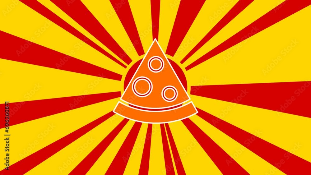 Poster slice of pizza on the background of animation from moving rays of the sun. large orange symbol incre