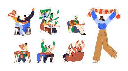 Sport fans set. Football and soccer followers celebrating victory, cheering for club, supporting with symbols, wearing hats, scarves. Flat graphic vector illustrations isolated on white background