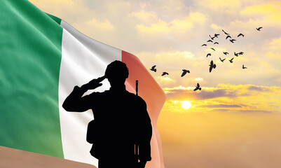 Silhouette of a soldier with the Italy flag stands against the background of a sunset or sunrise....