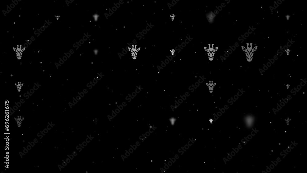 Poster template animation of evenly spaced giraffe head symbols of different sizes and opacity. animation o