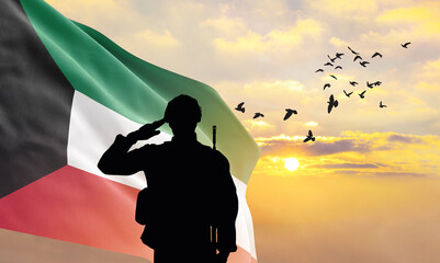 Silhouette of a soldier with the Kuwait flag stands against the background of a sunset or sunrise....