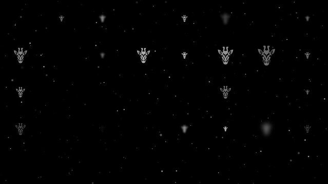 Template animation of evenly spaced giraffe head symbols of different sizes and opacity. Animation of transparency and size. Seamless looped 4k animation on black background with stars
