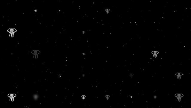 Template animation of evenly spaced elephant heads of different sizes and opacity. Animation of transparency and size. Seamless looped 4k animation on black background with stars