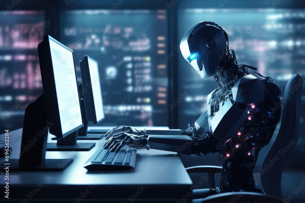 Poster 3d rendering humanoid robot working on computer in office at night time, 3d rendering of a humanoid 
