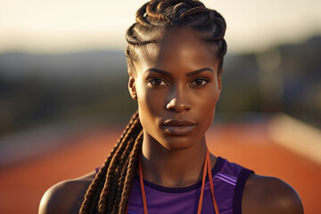 Determined athlete with intricate braided hair, posing confidently in evening sunlight on a track field.