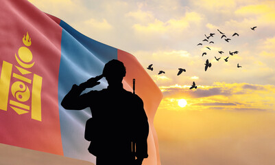 Silhouette of a soldier with the Mongolia flag stands against the background of a sunset or...