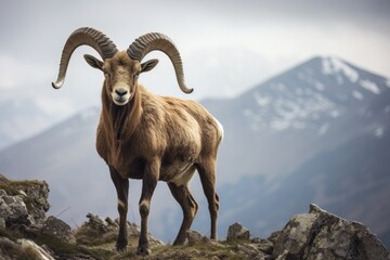 Barbary sheep Ovis orientalis in the mountains, A Barbary sheep Capra ibex on the slope of a mountain, AI Generated