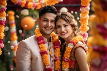 A happy couple wearing traditional Indian clothing, potentially a newlywed couple, pose for pictures. A fictional character created by Generated AI.  - obrazy, fototapety, plakaty