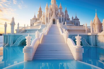 White stupa on blue sky background. 3D illustration, A beautiful architectural castle with large steps on the stairs surrounded by ice and water under a clear sky, AI Generated - obrazy, fototapety, plakaty