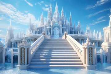 Fantasy landscape with fantasy castle and stairway. 3d render, A beautiful architectural castle with large steps on the stairs surrounded by ice and water under a clear sky, AI Generated - obrazy, fototapety, plakaty