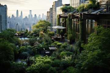 View of Manhattan from Central Park, A beautiful rooftop garden in the city adorned with lush green...