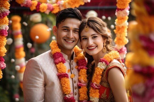 A happy couple wearing traditional Indian clothing, potentially a newlywed couple, pose for pictures. A fictional character created by Generated AI. 