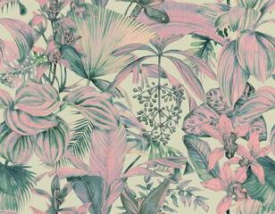 Tropical botanical wallpaper with leaves and orchids. Seamless pattern with tropical leaves and flowers. Illustration drawn in watercolor
