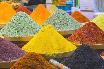 Spices Market with colourful mood. Multicolor spices sold at Egypt Bazaar (Misir Carsisi) in...