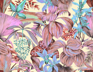 Tropical botanical wallpaper with leaves and orchids. Seamless pattern with tropical leaves and flowers. Illustration drawn in watercolor - 696263094