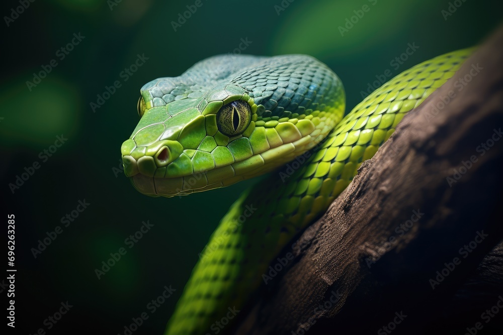 Poster green pit viper on a tree branch in the rainforest, a close-up of a green snake on a tree branch wit