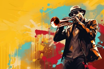 Colorful Portrait of a Man in a Hat Playing a Trombone A fictional character created by Generated AI. 