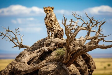 Obraz premium Cheetah sits on dead tree in Serengeti National Park, Tanzania, A cheetah is spotted on a tree in Serengeti National Park, Tanzania, AI Generated