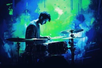 A Musician Playing Drums in a Colorful Light Show A fictional character created by Generated AI. 