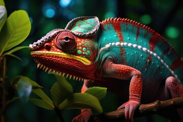 Colorful chameleon on the branch in the forest at night, A close-up view captures a colorful chameleon on green leaves, showcasing wildlife animals, AI Generated