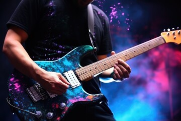 Obraz premium A Musician Playing a Painted Electric Guitar on Stage A fictional character created by Generated AI. 