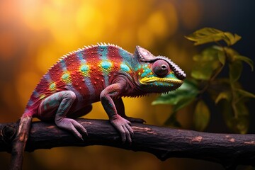 Colorful chameleon sitting on a branch in the forest, A colorful chameleon perched on a branch against a blurred nature background, AI Generated